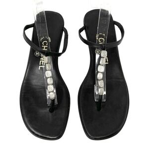 Vintage Chanel CC Charm Thong Sandals Black Leather Y2K Rare EU 36.5